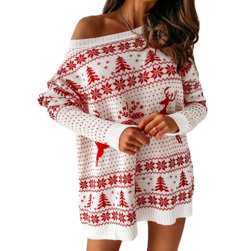 Women Ugly Christmas Sweater Dress Long Sleeve Cute Print Winter Xmas Pullover Knit Dress Holiday Outfits