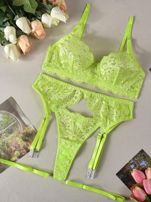 Women's Contrast Lace Leaf Embroidery Lingerie Set, Sexy Comfy Breathable Push Up Bra & Thong & Garter Belt & Thigh Ring Set, Lingerie Set for Women