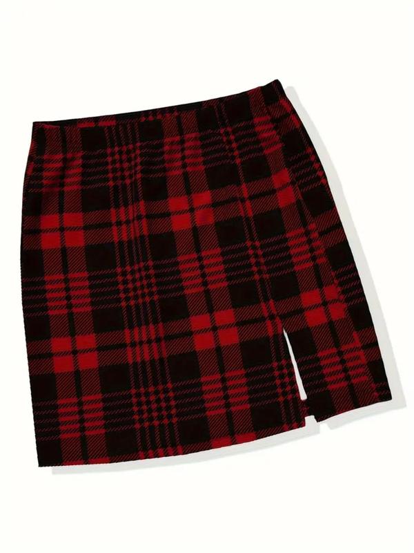 Women's Tartan Print Split Hem Skirt, Casual Fashion Short Skirt for Daily Wear, Ladies Summer Bottoms