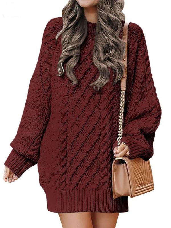 Women's Plain Raglan Sleeve Cable Knit Sweater Dress, Casual Long Sleeve Round Neck Jumper Dress for Fall & Winter, Women's Knitwear for Daily Wear