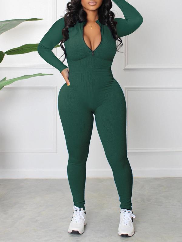 Women's Solid Zip Up Skinny Jumpsuit, Casual Comfy Long Sleeve High Neck Jumpsuit for Daily Wear, Ladies Clothes for All Seasons