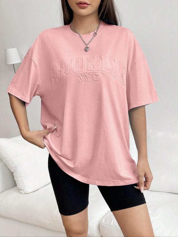 Women's 3d Letter Print Drop Shoulder Short Sleeve Tee, Casual Fashion Round Neck T-shirt for Summer, Women's Top for Daily Wear, T Shirts for Women, Oversized Tshirt