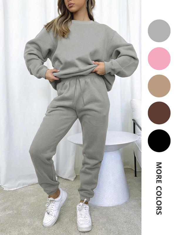 Women's Solid Drop Shoulder Sweatshirt & Drawstring Waist Sweatpants Set, Two Piece Set Women, Casual Fashion Cozy Round Neck Long Sleeve Pullover & Pocket Jogger Pants for Daily Wear, Ladies Two-piece Outfits for Fall & Winter, 2 Piece Sets Women