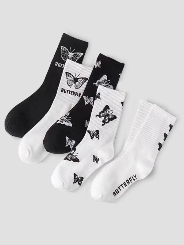 Women's 5 Pairs Butterfly Print Crew Socks, Comfort Casual Mid-calf Socks, Multi-pack Mid Tube Knit Socks, Comfort Lady Womenswear, Lady's Socks & Hosiery