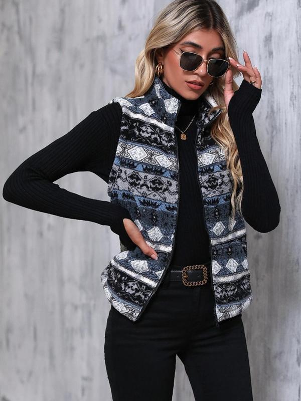 Women's Tribal Print Zipper Stand Collar Polar Fleece Vest Jacket, Casual Lady Tops, Warm Collared Outerwear for Fall & Winter, Fitted Womenswear, Women's Clothes for Daily Wear