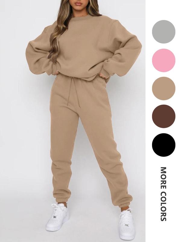 Women's Solid Drop Shoulder Sweatshirt & Drawstring Waist Sweatpants Set, Two Piece Set Women, Casual Fashion Cozy Round Neck Long Sleeve Pullover & Pocket Jogger Pants for Daily Wear, Ladies Two-piece Outfits for Fall & Winter, 2 Piece Sets Women