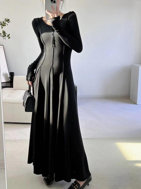 Women's Plain Button Front A Line Dress, Elegant Long Sleeve Round Neck Dress for Party Holiday Wedding Guest, Ladies Clothes for All Seasons