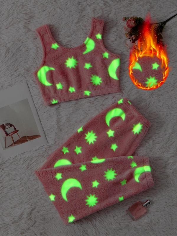 Women's Glow in The Dark Star Moon Print Loungewear fluffy pajamas Set, Casual Comfortable Sleeveless Crop Top & Elastic Waist Pants for Fall & Winter