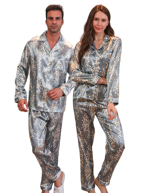 Couple's Christmas Themed Print Button Front Pocket Pajama Two-piece Set, Casual Comfy Long Sleeve Lapel Neckline Shirt & Elastic Waist Pants PJ Set, Couple's Sleepwear for Spring & Fall