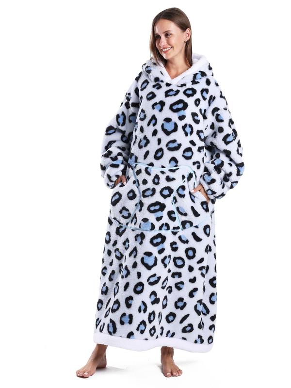 Women's All Over Print Drop Shoulder Hooded Flannel Lounge Robe, Casual Long Sleeve Pocket Design Bathrobe, Ladies Sleepwear for Fall & Winter