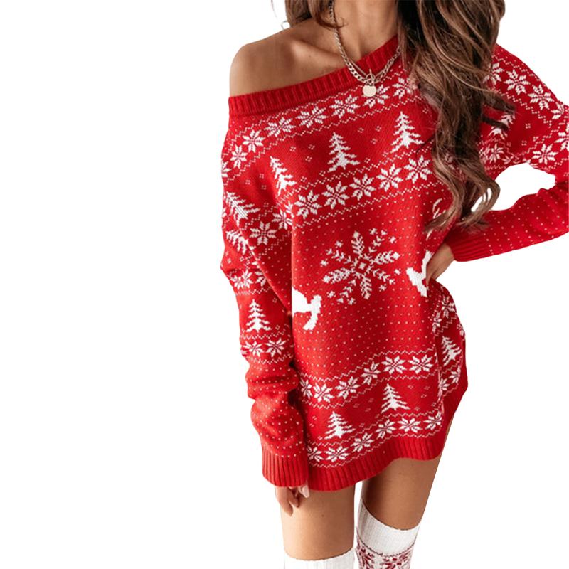 Women Ugly Christmas Sweater Dress Long Sleeve Cute Print Winter Xmas Pullover Knit Dress Holiday Outfits