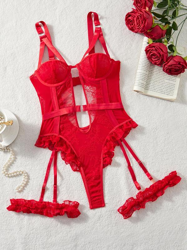 Women's 3pcs Embroidering Cut Out Ring Linked Lace Sexy Lingerie Set, Ruffle Trim Adjustable Strap Backless Bodysuit & Thigh Garters, Fashion Comfy Women's Sexy Lingerie Set for All Seasons