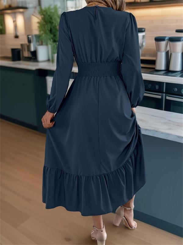 Women's Plain Shirred Ruffle Trim A Line Dress, Elegant Bishop Sleeve Round Neck Long Dress for Party Holiday Wedding Guest, Ladies Fall & Winter Clothes