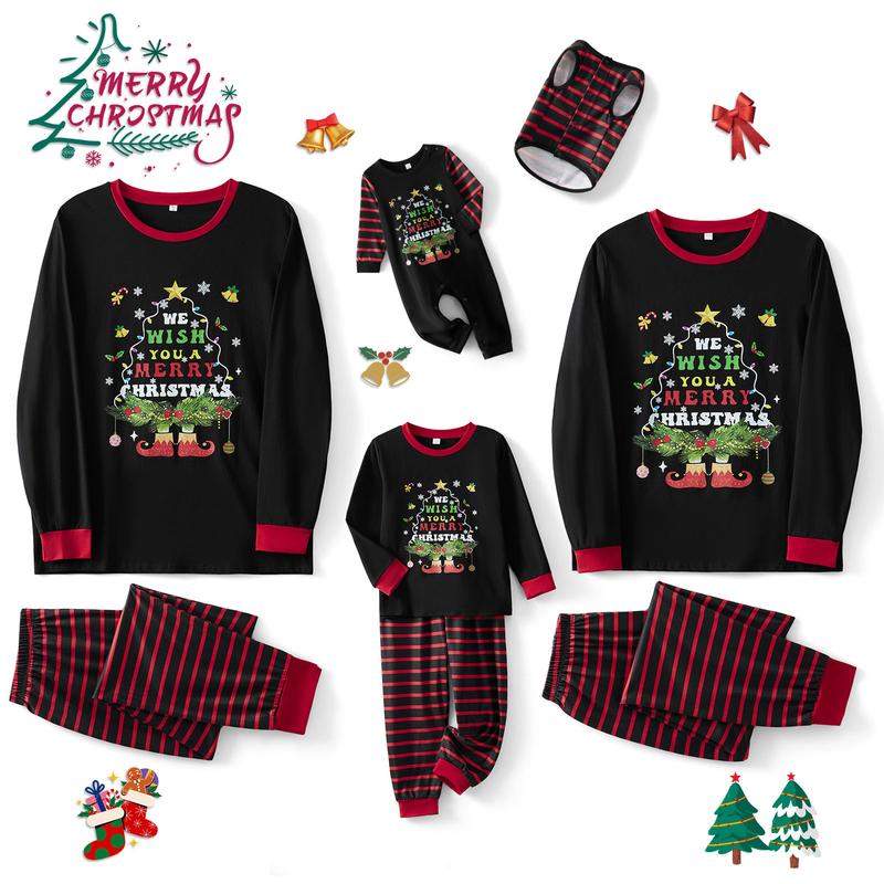 Family Matching Christmas Pajamas Set Letter Tree Stripe Print Holiday Pajamas Sleepwear Dad Mom Family PJs Pants Womenswear