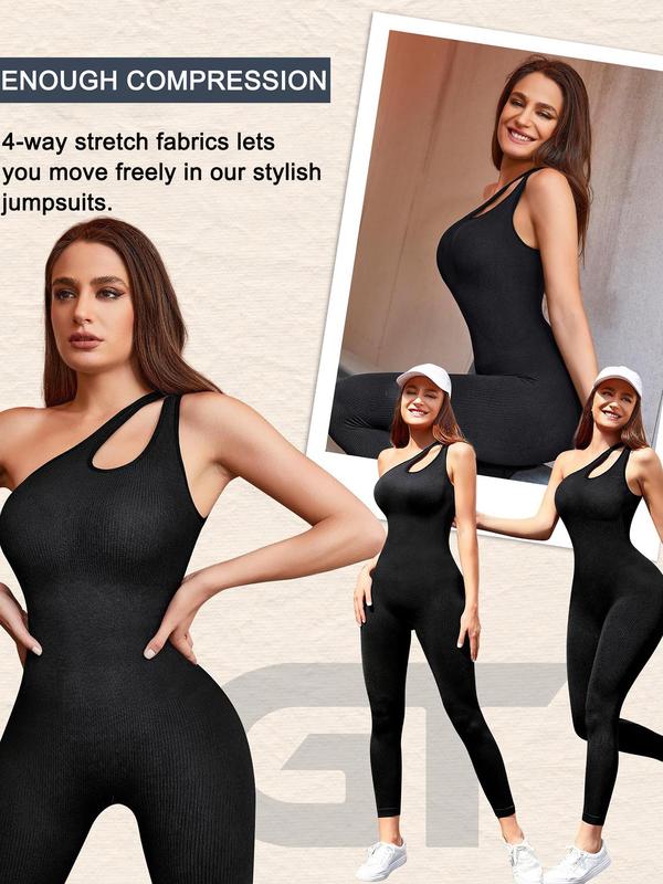 Women's Solid One Shoulder Cut Out Shapewear Jumpsuit, Casual Comfy High Stretch Seamless Shaper for Daily Wear, Tummy Control Butt Lifting  Bodysuit for All Seasons.