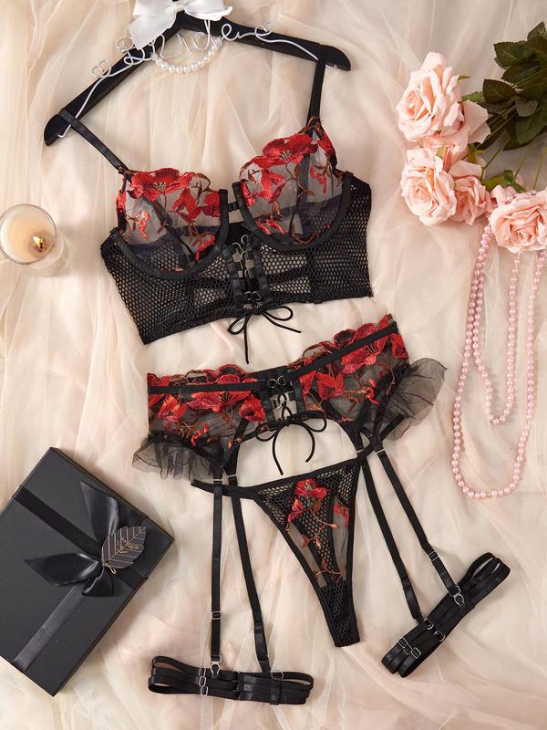 Women's Floral Embroidery Sheer Mesh Lingerie Set, Sexy Adjustable Strap Hollow Out Underwire Bra & Thong & Ruffle Trim Lace Up Garter Belt Three-piece Set, Lingerie Set for Women