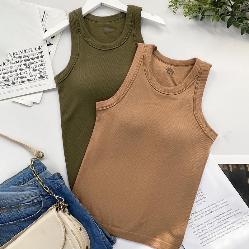 ChicMe Women's Built-in Bra Crewneck Tank Top Terry Towelling Lined Sleeveless Slim Fit Layering Shirt Tops Casual Comfort