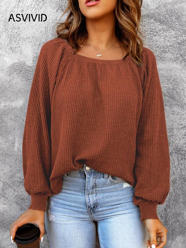 Women's Plain Square Neck Bishop Sleeve Knit Top, Casual Long Sleeve Waffle Knitwear Top for Spring & Fall, Fashion Women's Knit Clothing for Daily Wear