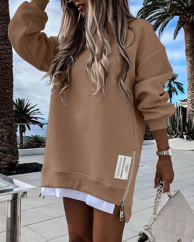 ChicMe Womens Long Sleeve Pullover Sweatshirt Zipper Slit Casual Dress