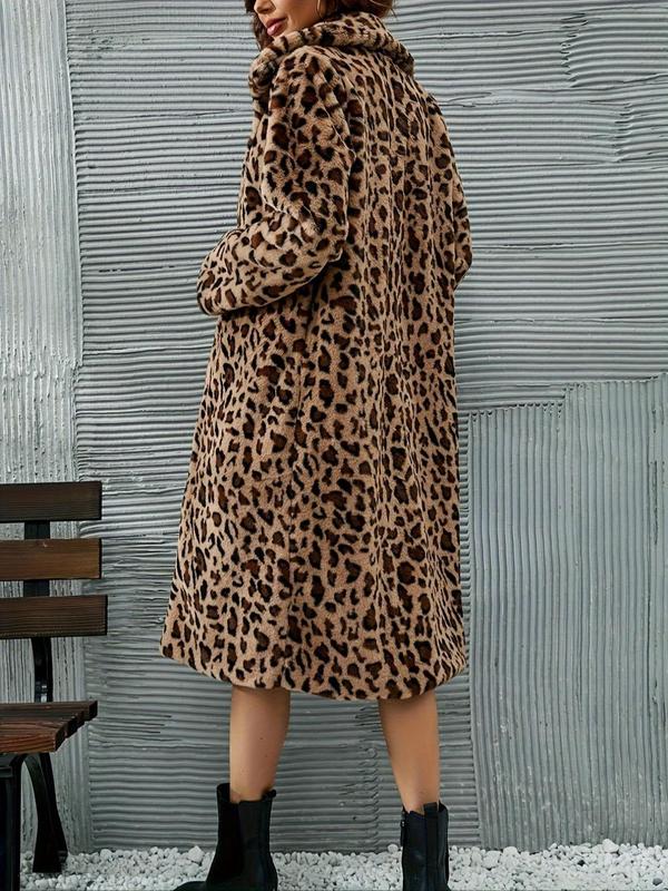 Women's Leopard Print Pocket Open Front Fuzzy Coat, Casual Long Sleeve Outerwear for Fall & Winter, Women's Clothing for Daily Wear