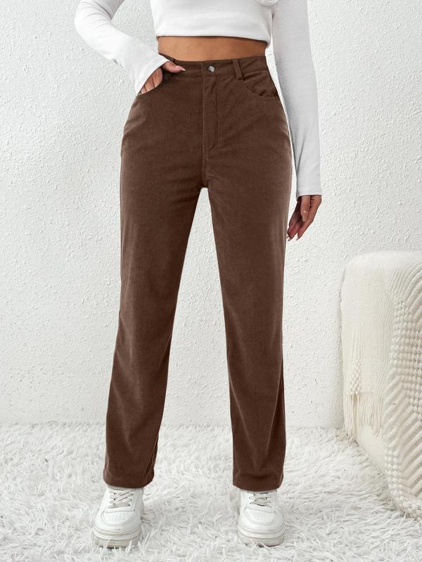 YOZY Women's Plain Pocket Button Front Straight Leg Corduroy Pants, Casual Comfy High Waist Trousers for Daily Wear, Women's Spring Bottoms 2024