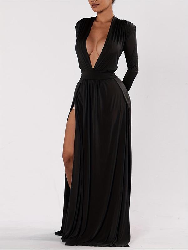 Women's Plain Deep V Neck Split Thigh Maxi Dress, Elegant Long Sleeve Maxi Dress for Party Evening Formal Occasions, Ladies' Clothes for Spring & Fall