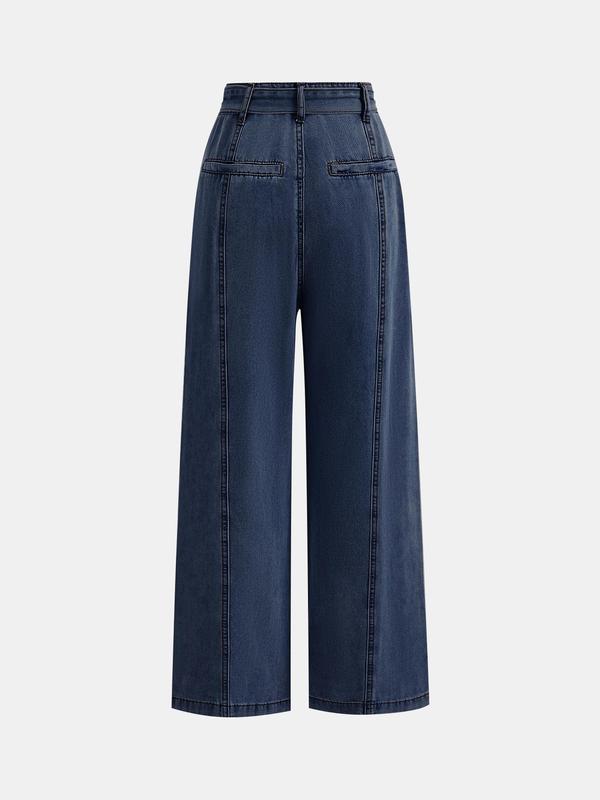 YOZY Women's Plain Print Belted Button Fly Wide Leg Jeans, Casual Pocket Trousers for Fall & Winter, Women's Bottoms for Daily Wear