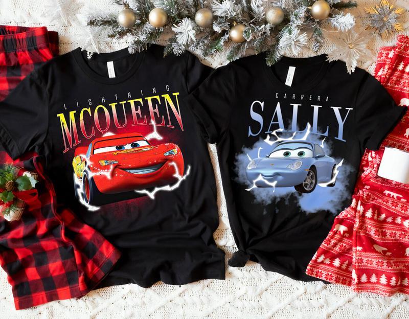 Lightning McQueen and Sally Tshirt , Couple Mcqueen and Sally Shirt , Retro 90s Portrait Hoodie , Cars McQueen and Sally Shirt , Fabric Menswear, Gift For Unisex