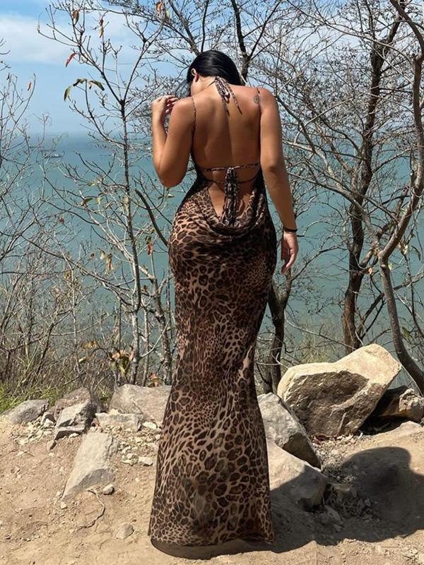 Women's Leopard Print Tie Back Backless Halter Dress, Casual Fashion Sleeveless Draped Dress for Daily Outdoor Wear, Ladies Clothes for Summer