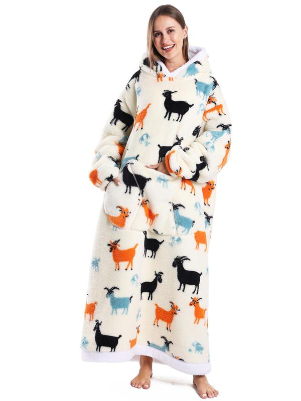 Women's All Over Print Drop Shoulder Hooded Flannel Lounge Robe, Casual Long Sleeve Pocket Design Bathrobe, Ladies Sleepwear for Fall & Winter