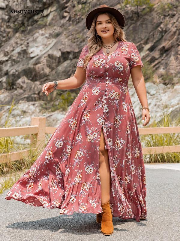  Floral Print Button Front Ruffle Hem Shirred Split A Line Vintage Dress, Summer Casual Wear Clothes Women, Boho V Neck Short Sleeve Dress, Sundress Maxi Dress, Homecoming Dresses, Women's Clothes Plus Size Fall Outfits 2024 Non Bodycon Dress