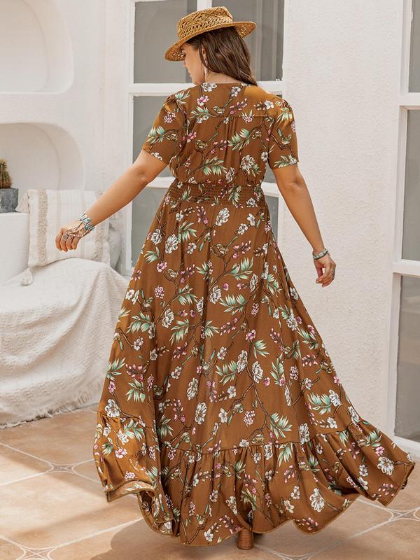  Floral Print Button Front Ruffle Hem Shirred Split A Line Vintage Dress, Summer Casual Wear Clothes Women, Boho V Neck Short Sleeve Dress, Sundress Maxi Dress, Homecoming Dresses, Women's Clothes Plus Size Fall Outfits 2024 Non Bodycon Dress