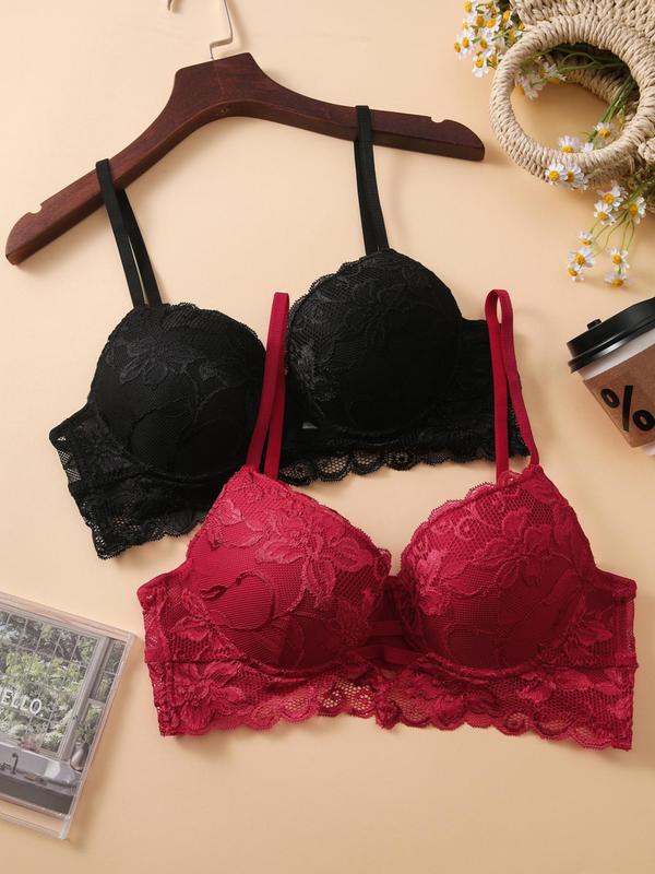 Women's Solid Lace Bra with Breathable Bottom Line Support, Side Leakage Correction Push Up Bra, Underwear for All Seasons