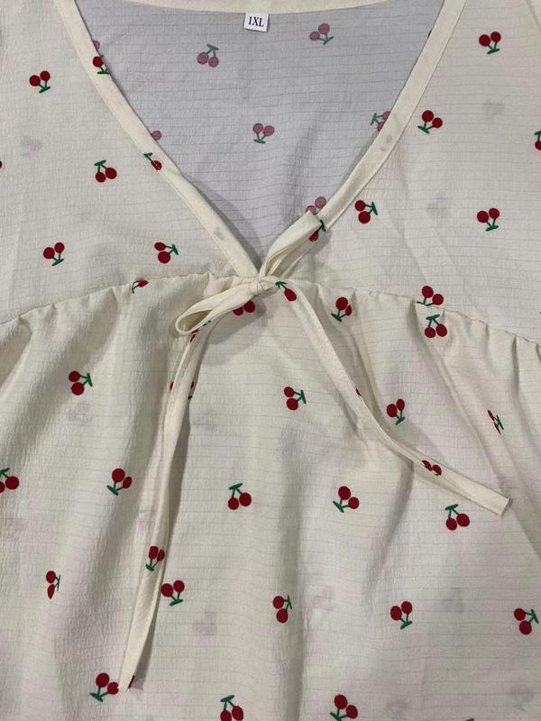  Cherry Print Bow Decor Flounce Sleeve Nightdress, Casual Soft Comfortable V Neck Half Sleeve Nightgown for Women, Women's Sleepwear for All Seasons