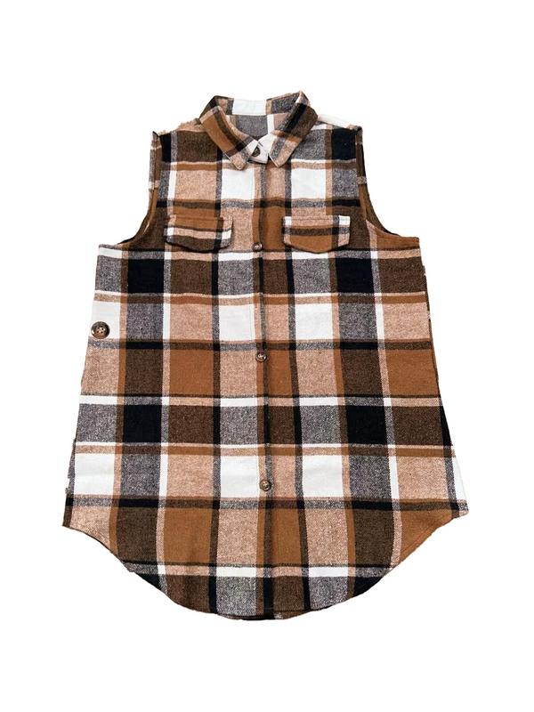  Plaid Print Button Front Vest Coat, Casual Sleeveless Collared Outerwear for Fall & Winter, Gift Set for Women, Women's Plus Size Clothes for Daily Wear