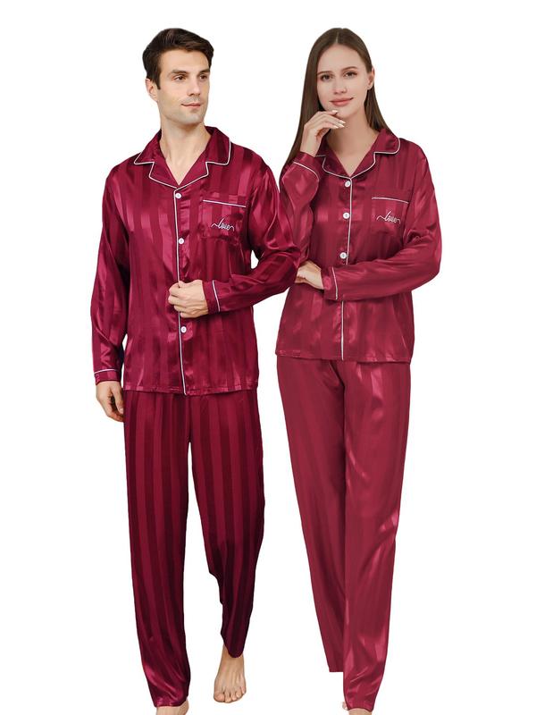 Couple's Christmas Themed Print Button Front Pocket Pajama Two-piece Set, Casual Comfy Long Sleeve Lapel Neckline Shirt & Elastic Waist Pants PJ Set, Couple's Sleepwear for Spring & Fall