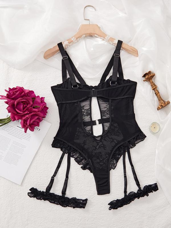 Women's 3pcs Embroidering Cut Out Ring Linked Lace Sexy Lingerie Set, Ruffle Trim Adjustable Strap Backless Bodysuit & Thigh Garters, Fashion Comfy Women's Sexy Lingerie Set for All Seasons