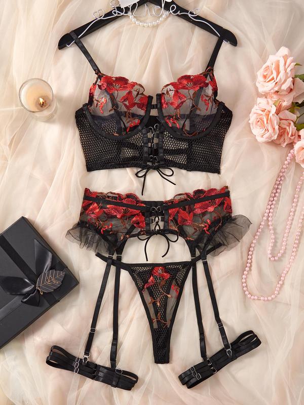 Women's Floral Embroidery Sheer Mesh Lingerie Set, Sexy Adjustable Strap Hollow Out Underwire Bra & Thong & Ruffle Trim Lace Up Garter Belt Three-piece Set, Lingerie Set for Women