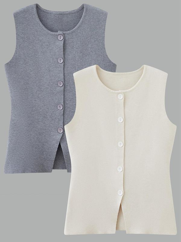 Women's Solid Button Front Sweater Vest, Casual Sleeveless Round Neck Knit Top for Spring & Fall, Ladies Clothes for Daily Wear