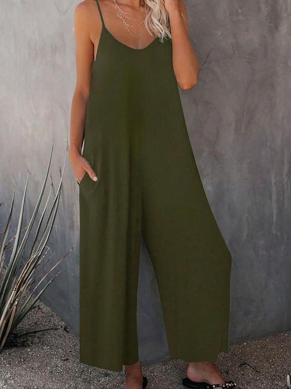  Solid Ruched Pocket Wide Leg Jumpsuit, Casual Sleeveless Spaghetti Strap Jumpsuit for Fall & Winter, Jumpsuit for Women, Women's Plus Size Clothes for Daily Wear