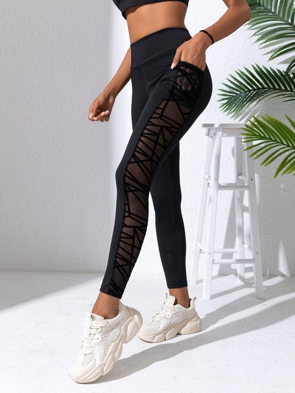 Women's Sheer Contrast Mesh High Waist Pocket Skinny Pants, Summer Clothes Women, Casual Comfy Breathable High Stretch Slim Leggings For Women Lady, Ladies' Summer Bottoms