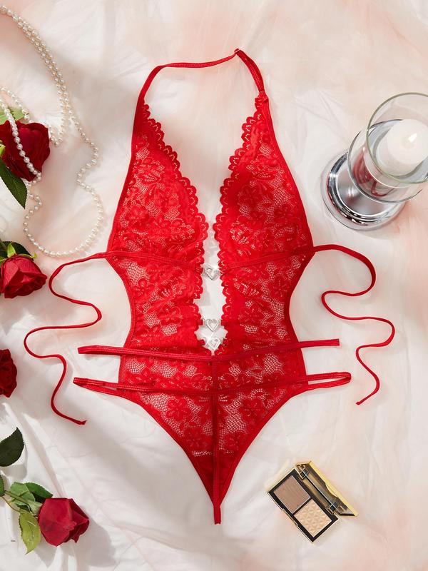 Women's Plain Floral Lace Backless Sheer Sexy Lingerie Bodysuit, Elegant Sexy Heart Shaped Rhinestone Decor Tie Back Bodysuit for All Seasons, Women's Sexy Lingerie for Daily Wear