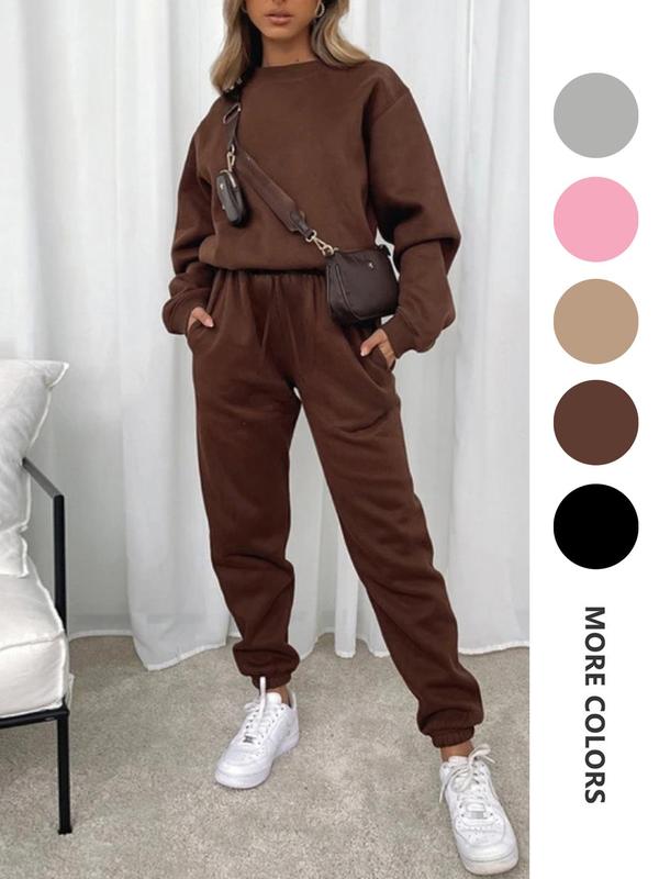 Women's Solid Drop Shoulder Sweatshirt & Drawstring Waist Sweatpants Set, Two Piece Set Women, Casual Fashion Cozy Round Neck Long Sleeve Pullover & Pocket Jogger Pants for Daily Wear, Ladies Two-piece Outfits for Fall & Winter, 2 Piece Sets Women