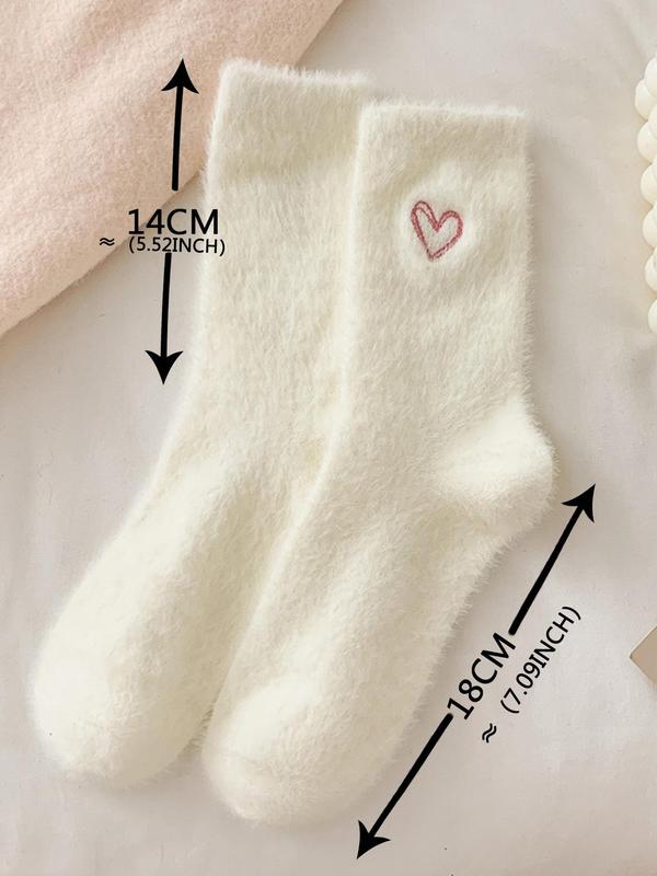 Random Color Women's Heart Embroidery Plush Crew Socks, Casual Soft Comfy Thermal Socks for Fall & Winter, Women's Socks for Daily Wear