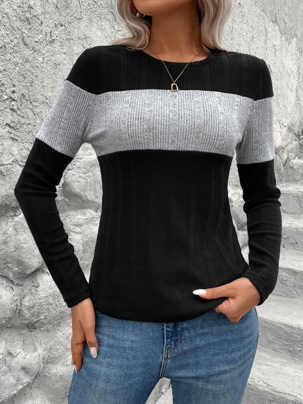 Women's Colorblock Print Round Neck Tee, Casual Long Sleeve Crew Neck T-shirt for Fall & Winter, T Shirts for Women, Women's Clothes for Daily Wear