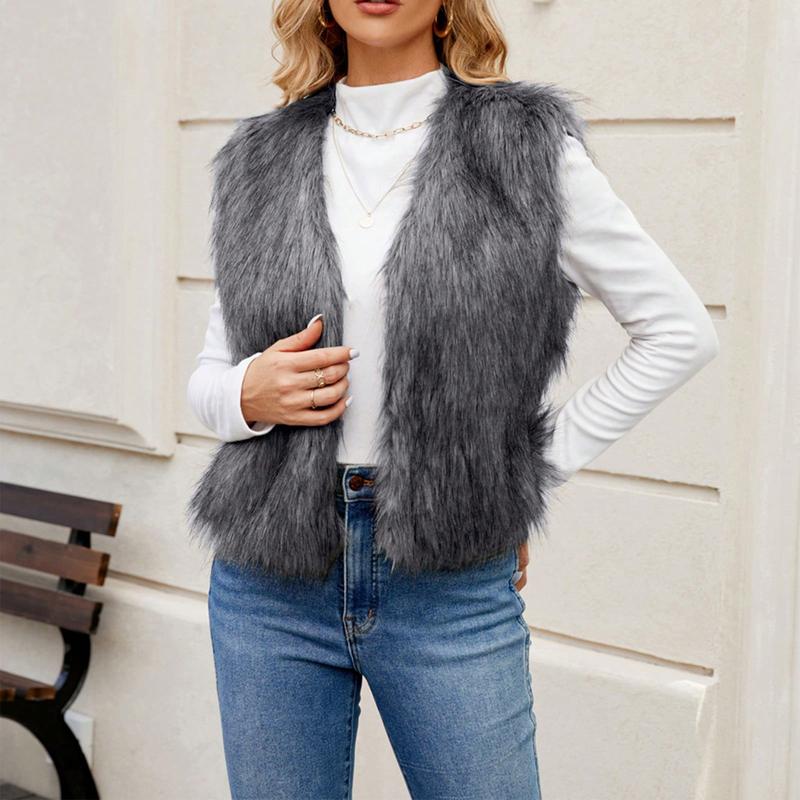 Women Faux Fur Vest, Sleeveless Open Front Solid Outwear Gilet For Casual Street