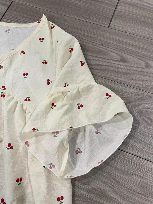  Cherry Print Bow Decor Flounce Sleeve Nightdress, Casual Soft Comfortable V Neck Half Sleeve Nightgown for Women, Women's Sleepwear for All Seasons