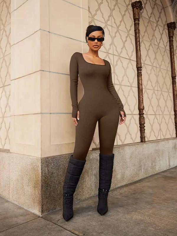 Women Yoga Jumpsuits Workout Ribbed Long Sleeve Sport Jumpsuits Machine Washable,Solid Color, Casual Activewear for Spring and Fall