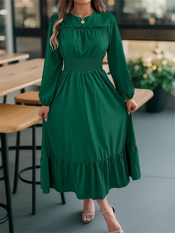 Women's Plain Shirred Ruffle Trim A Line Dress, Elegant Bishop Sleeve Round Neck Long Dress for Party Holiday Wedding Guest, Ladies Fall & Winter Clothes