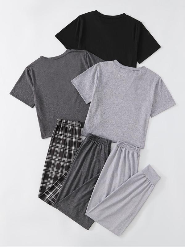 6 Pieces Women's Letter Print Tee & Plaid Print Pants Set, Casual Comfy Round Neck Short Sleeve T-shirt & Drawstring Elastic Waist Trousers Pj Set for Summer, Pajama Sets Women, Ladies Sleepwear & Loungewear for Indoor Wear